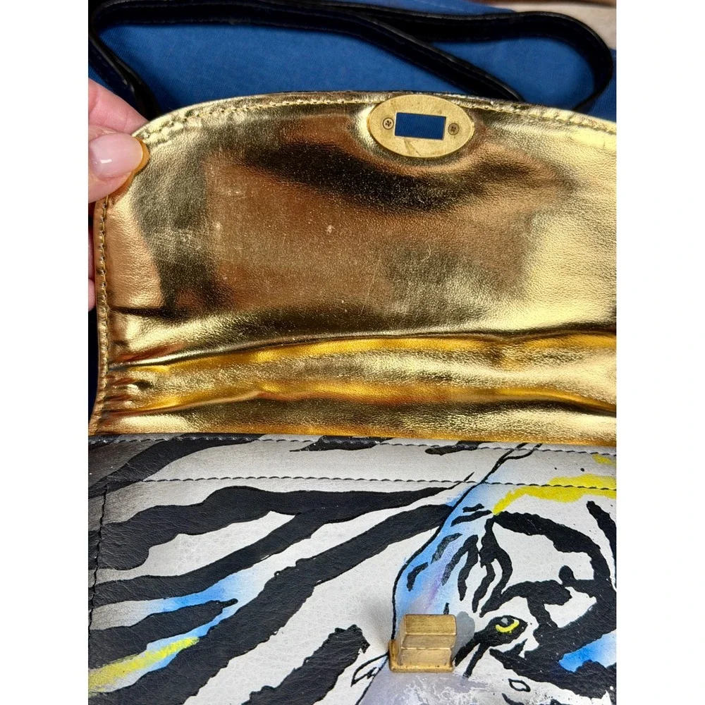 Sharif 1827 Hand Painted Tiger Zebra Leather Crossbody Bag Gold Interior NWT